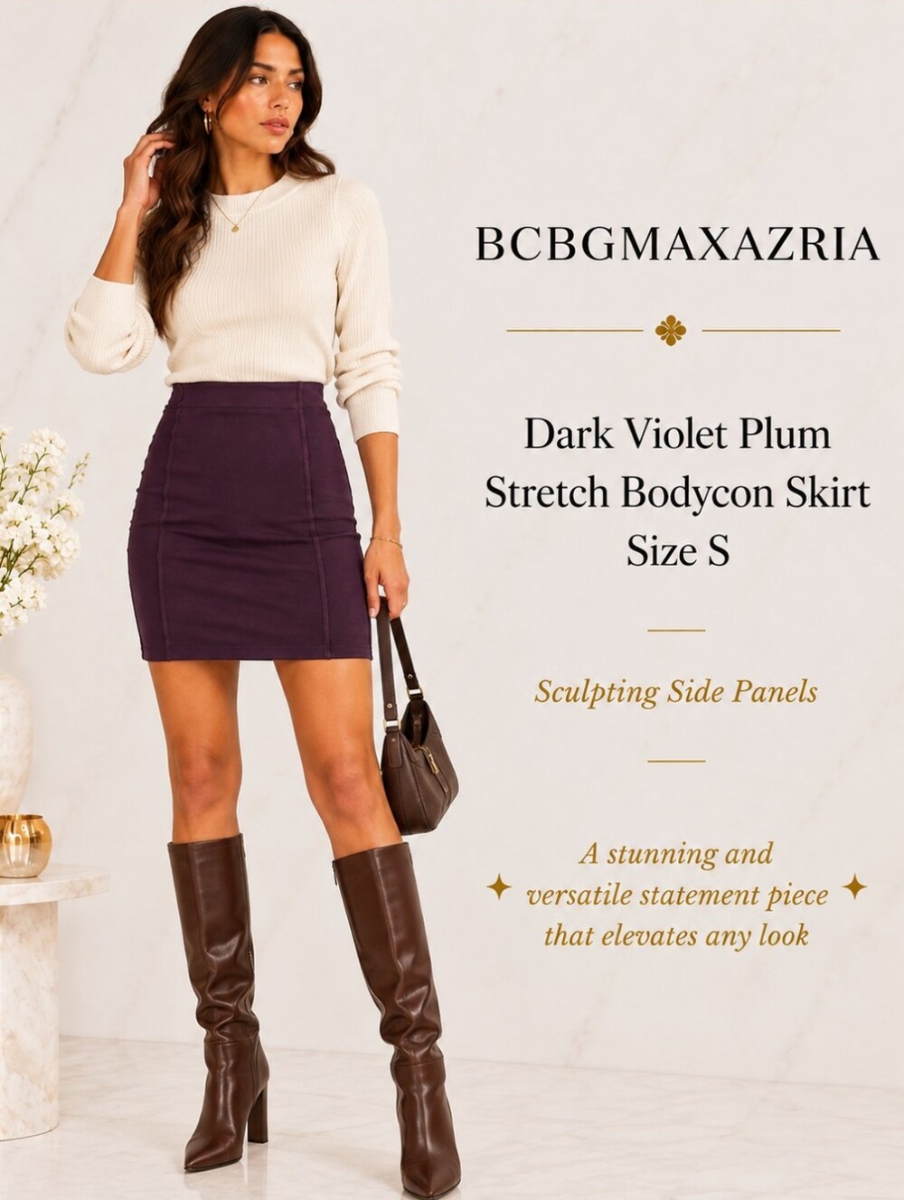 BCBGMAXAZRIA Dark Violet Plum Stretch Bodycon Skirt | Sculpting Side Panels | S